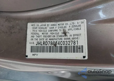 2004 Honda Cr-V Ex from USA, damaged, VIN JHLRD78864C032781